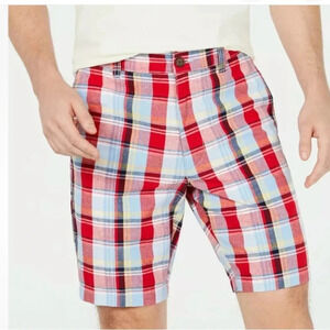 Club Room Classic Fit Plaid 9" Shorts Red Blue Mens size 38 Golf Preppy Cotton